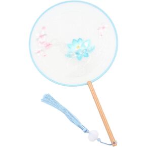 Chinese Style Round Fan, Vintage Embroideried Lotus Silk Fan Translucent Handheld Fan with Tassel Antique Home Decoration Party Ornament