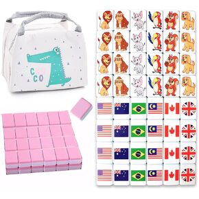 WELLATENT Seaside Escape Game Blocks Mahjong Sets with 49 Tiles 38mm Pet and Food Pattern with Grey Bag.