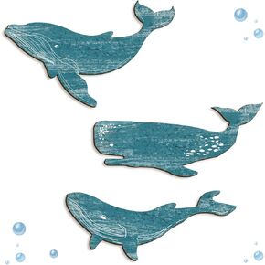 Kas Home 3Pcs Whale Decor Wood Ocean Nursery Decor Nautical Ocean Beach Wooden Wall Art Sculpture Marine Life Themed Hanging Paintings for Living Room Bedroom Bathroom, Ready to Hang (Blue-Whale, 8.6" x 13.7")