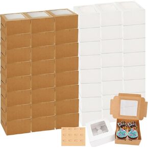 LANIAKEA 50PCS Cupcake Boxes, 6.3x6.3x3 Inches Small Cake Boxes with Window, Inserts and Stickers, 4 Holes Bakery Pastry Boxes for Cup Cakes, Cookies, Muffins, Pastries, Desserts, Donuts