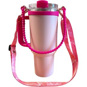 Water Bottle Tumbler Handle and Adjustable Strap Stanley Cup Accessories - Pink Prism Design Print and Pink Silicone Handle – fits Most 8–40 oz Bottle Models, Sizes in Saudi Arabia