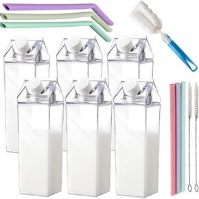 6 Pack Milk Carton Water Bottle, Clear Square Milk Bottle Drinkware 17OZ, Plastic Juice Box with 6 Straws 2 Brush for Outdoor Climbing Sports Travel Camping, BPA Free