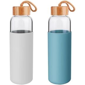 Lily's Home Glass Water Bottles Set of 2 - Glass Water Bottle Set. 18 oz Glass Bottles with Lids (Bamboo, Leakproof Seal), BPA Free, Silicone Sleeves to Avoid Drops & Bumps and Snags Tabletops