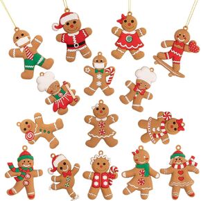 Whaline 15 pcs Christmas Gingerbread Ornaments Set 2" x 3" Ginger Man with Strings Figurine Hanging Ornaments for Xmas Tree Festive Season Holiday Party Decoration DIY Craft