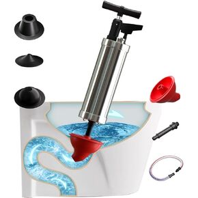 High Pressure Toilet Plunger with Time Barometer, Portable Air Drain Gun with 4 Suckers, Blaster Multi-drain Unclogger, for Toilets, Bathroom Floor, Drains Sinks and Plumbing Clogs (stainless steel)