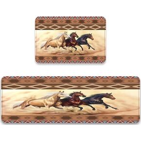Animal Running Horse Kitchen Rugs Set 2 Pieces Horses Herd Run in Desert Sand Storm Against Dramatic Sky Floor Mats Washable Doormat Anti Fatigue Non-Slip Western Runner Rugs Bedroom Area Carpet