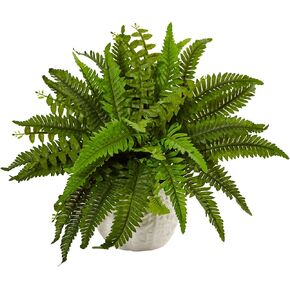 Nearly Natural 6308 Boston Fern in White Planter Artificial Plant, Green