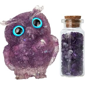 Amethyst-Infused Resin Owl Figurine and Crystal Chip Bottle Set - 2.4" Handcrafted Purple Owl, Wisdom & Healing Symbol, Chakra Balancing Ornament for Home & Office