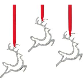 nambe Mini Reindeer Ornaments | Set of 3 | Made of Silver Plate with Red Hanging Ribbons | Decorative Ornaments for Christmas Tree | Designed by Alvaro Uribe