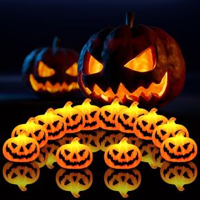 12PCS Halloween Decor Candle for Indoor Home Decoration, Mini Flameless Jack-o'-Lantern Pumpkin Candle for Halloween Party Supplies Gifts Table Decor, Spooky Halloween Tea Light