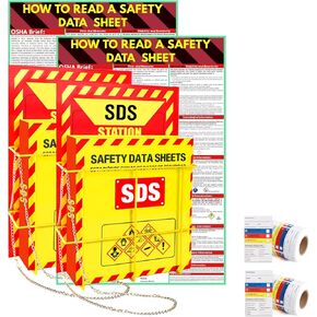 قطعتان من مجلد MSDS SDS ومحطة الحائط، ورقة بيانات سلامة المواد شديدة التحمل باللون الأصفر مقاس 3 بوصة، 3 حلقات مع رف سلكي SDS وعلامة العرض، سلسلة، أجهزة التركيب، ملصقات السلامة، ملصقات MSDS