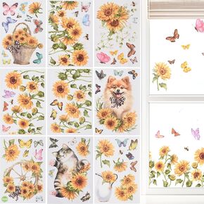 9 Sheets Sunflower Window clings, Vintage Sunflower Butterfly Window Decals Double-Sided Glass Sticker Anti-Collision Decal for Mirror Glass Display Shop Office School Supplies