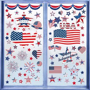 Flag Decoration Window Decals 4th of July Patriotic Window Clings Window Stickers USA Stickers for Independence Day Memorial Day Party Decorations Blue Red White Double-Sided Window Decor Supplies