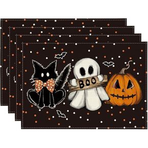 Artoid Mode Polka Dot Ghost Pumpkin Cat Boo Halloween Placemats Set of 4, 12x18 Inch Seasonal Fall Table Mats for Party Kitchen Dining Decoration