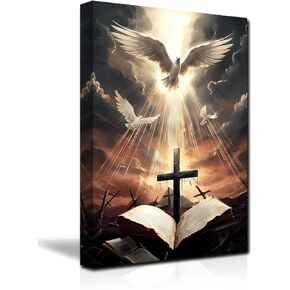 Holy Bible Cross Wall Art Christian Canvas Print The Cross And The Dove Of Peace Wall Decor Jesus Painting God Posters Framed for Prayer Room Church Decor (Holy Bible Cross, 16.00"x24.00")