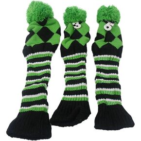 HIFROM 3pcs/Set Golf Club Argyle Knit Head Covers Headcovers Vintange Pom Pom Sock Covers 1-3-5 Replacement for Driver & Woods Green & Black