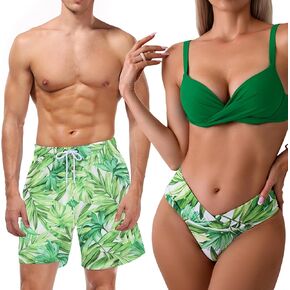 Green Leaves Matching Swimsuits for Couples, Women Bikini Set Thong Bottom+Push Up Top/Men Swimtrunks