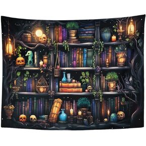 Nesphy Bookshelf Tapestry for Bedroom, Trippy Magical Book Skull Plant Vintage Aesthetic Wall Tapestry Home Decor Wall Hanging for Living Room Bedroom Dorm 60x80 Inches