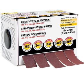 LotFancy Emery Cloth Roll, 5 Grits Sandpaper Assortment, 150 240 320 400 600 Grit Assorted Sand Paper with Dispenser, Wet Dry Sanding Paper for Wood, Metal, Plastic, 1 inch x 20ft per Roll