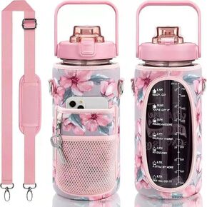 Crownnie Queen 64oz/Half Gallon Water Bottle Carrier Bag Holder with Adjustable Shoulder Strap 2 Pocket Sling Neoprene Sleeve, Crossbody Sports Accessories for Gym, Sports, Outdoor (Floral Pink)