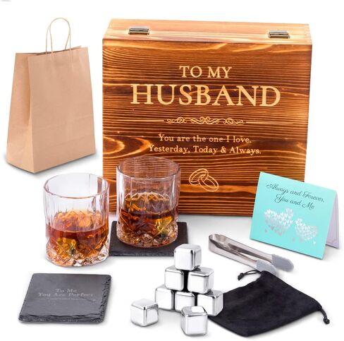 Whiskey Stones Gift Set Anniversary Gi fts for Husband | Him | Men, Husband Birthday | Wedding Anniversary | Valentine's Day Gift, 8 Stainless Steel Whiskey Stones & 2 Whiskey Glasses(11oz) in Saudi Arabia