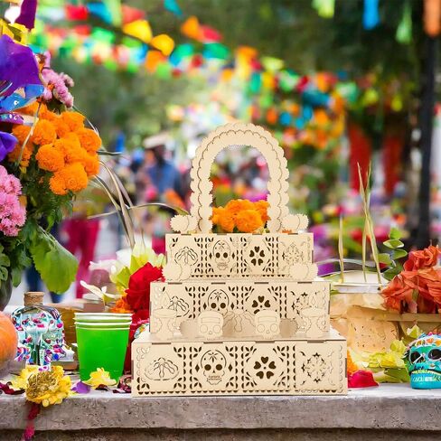 Dia De Los Muertos Altar Ofrenda, Wooden Sugar Skull and Candle Papel Picado Day of The Dead Supplies with Photo Frame for Dia De Los Muertos Decor and Indian Diwali Decoration(Arch Style) in Saudi Arabia