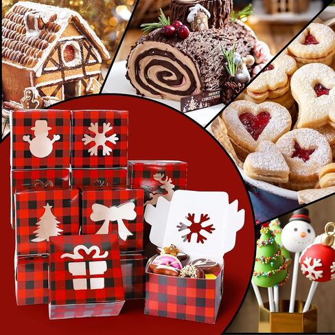 Whaline 24 حزمة عيد الميلاد كوكي هدية صناديق أحمر أسود الجاموس منقوشة صناديق من الورق المقوى مع نافذة واضحة عيد الميلاد علاج صناديق المخابز حاويات المواد الغذائية الجمعية المطلوبة لمستلزمات حفلة عيد الميلاد، 6 تصميم in Saudi Arabia