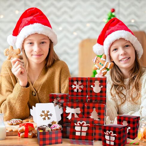 Whaline 24 حزمة عيد الميلاد كوكي هدية صناديق أحمر أسود الجاموس منقوشة صناديق من الورق المقوى مع نافذة واضحة عيد الميلاد علاج صناديق المخابز حاويات المواد الغذائية الجمعية المطلوبة لمستلزمات حفلة عيد الميلاد، 6 تصميم in Saudi Arabia