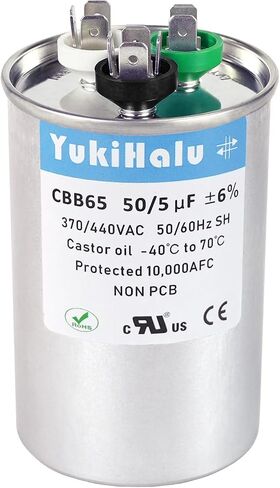 YukiHalu 50+5 uF 50/5 MFD 370 أو 440 VAC CBB65 مكثف تشغيل مزدوج، مكثف تيار متردد لمكيف الهواء، تشغيل المحرك، مضخة حرارية، مكثف مستقيم بارد، مكثف HVAC in Kuwait