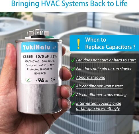 YukiHalu 50+5 uF 50/5 MFD 370 أو 440 VAC CBB65 مكثف تشغيل مزدوج، مكثف تيار متردد لمكيف الهواء، تشغيل المحرك، مضخة حرارية، مكثف مستقيم بارد، مكثف HVAC in Kuwait