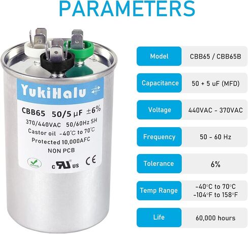 YukiHalu 50+5 uF 50/5 MFD 370 أو 440 VAC CBB65 مكثف تشغيل مزدوج، مكثف تيار متردد لمكيف الهواء، تشغيل المحرك، مضخة حرارية، مكثف مستقيم بارد، مكثف HVAC in Kuwait