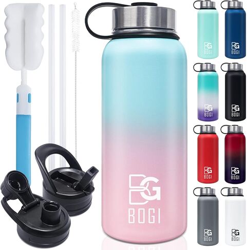 BOGI Insulated Water Bottle 32 oz, Double Wall Vacuum Stainless Steel Water Bottle with Straw and 3 Lids, Sweat-Proof Wide Mouth Metal Water Bottle Keeps Hot or Cold for Sports Gym Office (Blue Pink) in Saudi Arabia