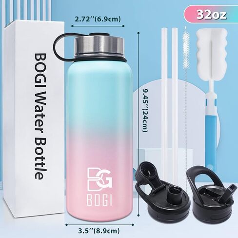 BOGI Insulated Water Bottle 32 oz, Double Wall Vacuum Stainless Steel Water Bottle with Straw and 3 Lids, Sweat-Proof Wide Mouth Metal Water Bottle Keeps Hot or Cold for Sports Gym Office (Blue Pink) in Saudi Arabia