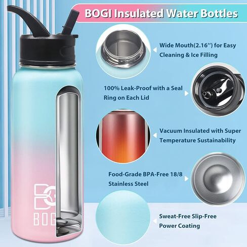 BOGI Insulated Water Bottle 32 oz, Double Wall Vacuum Stainless Steel Water Bottle with Straw and 3 Lids, Sweat-Proof Wide Mouth Metal Water Bottle Keeps Hot or Cold for Sports Gym Office (Blue Pink) in Saudi Arabia