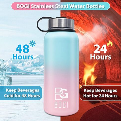 BOGI Insulated Water Bottle 32 oz, Double Wall Vacuum Stainless Steel Water Bottle with Straw and 3 Lids, Sweat-Proof Wide Mouth Metal Water Bottle Keeps Hot or Cold for Sports Gym Office (Blue Pink) in Saudi Arabia