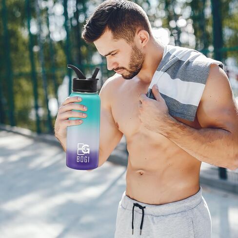 BOGI Insulated Water Bottle 32 oz, Double Wall Vacuum Stainless Steel Water Bottle with Straw and 3 Lids, Sweat-Proof Wide Mouth Metal Water Bottle Keeps Hot or Cold for Sports Gym Office (Blue Pink) in Saudi Arabia