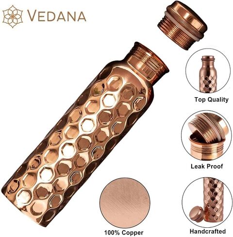 VEDANA Premium Honeycomb Ayurvedic Pure Copper Water Bottle | Leak Proof 1 Liter Copper Vessel for Drinking Water | Great Water Bottle for Sports, Yoga & Everyday Use in Saudi Arabia