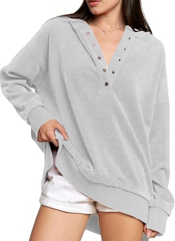 EVALESS Womens Oversized Sweatshirts Hoodies Casual Button Up V Neck Long Sleeve Shirts Pullover Loose Fall Clothes Outfits in Saudi Arabia