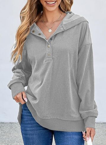 EVALESS Womens Oversized Sweatshirts Hoodies Casual Button Up V Neck Long Sleeve Shirts Pullover Loose Fall Clothes Outfits in Saudi Arabia