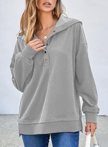 EVALESS Womens Oversized Sweatshirts Hoodies Casual Button Up V Neck Long Sleeve Shirts Pullover Loose Fall Clothes Outfits in Saudi Arabia