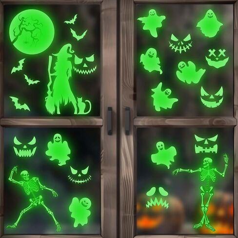 4 Sheets Halloween Glow Stickers, Halloween Decorative Window Clings Stickers Luminous Skeleton Ghost Witch Moon Spooky Window Glow in The Dark Decals Cute Halloween Home Decoration in Saudi Arabia
