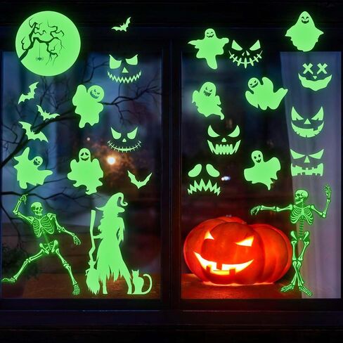 4 Sheets Halloween Glow Stickers, Halloween Decorative Window Clings Stickers Luminous Skeleton Ghost Witch Moon Spooky Window Glow in The Dark Decals Cute Halloween Home Decoration in Saudi Arabia