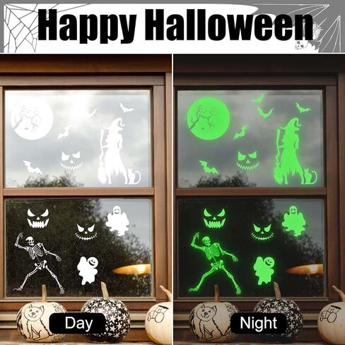 4 Sheets Halloween Glow Stickers, Halloween Decorative Window Clings Stickers Luminous Skeleton Ghost Witch Moon Spooky Window Glow in The Dark Decals Cute Halloween Home Decoration in Saudi Arabia