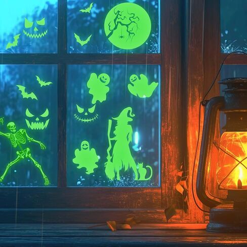 4 Sheets Halloween Glow Stickers, Halloween Decorative Window Clings Stickers Luminous Skeleton Ghost Witch Moon Spooky Window Glow in The Dark Decals Cute Halloween Home Decoration in Saudi Arabia
