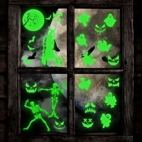 4 Sheets Halloween Glow Stickers, Halloween Decorative Window Clings Stickers Luminous Skeleton Ghost Witch Moon Spooky Window Glow in The Dark Decals Cute Halloween Home Decoration in Saudi Arabia
