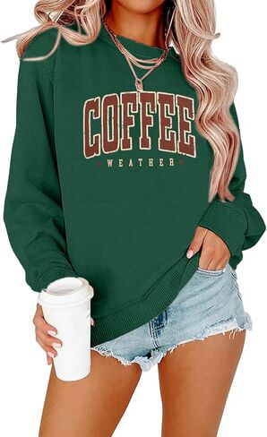 سويت شيرت LOTUCY Coffee للنساء، سويت شيرت برقبة دائرية للطقس والقهوة، قميص كاجوال للخريف والخريف بأكمام طويلة in Kuwait