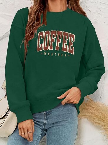 سويت شيرت LOTUCY Coffee للنساء، سويت شيرت برقبة دائرية للطقس والقهوة، قميص كاجوال للخريف والخريف بأكمام طويلة in Kuwait