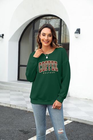 سويت شيرت LOTUCY Coffee للنساء، سويت شيرت برقبة دائرية للطقس والقهوة، قميص كاجوال للخريف والخريف بأكمام طويلة in Kuwait
