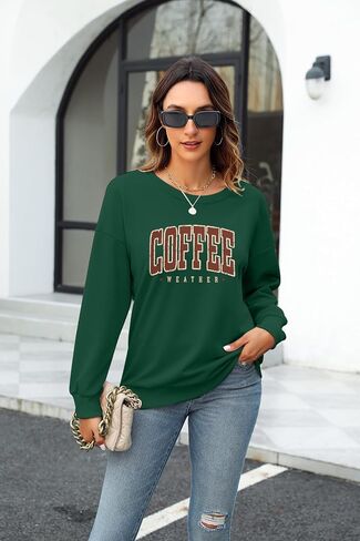 سويت شيرت LOTUCY Coffee للنساء، سويت شيرت برقبة دائرية للطقس والقهوة، قميص كاجوال للخريف والخريف بأكمام طويلة in Kuwait