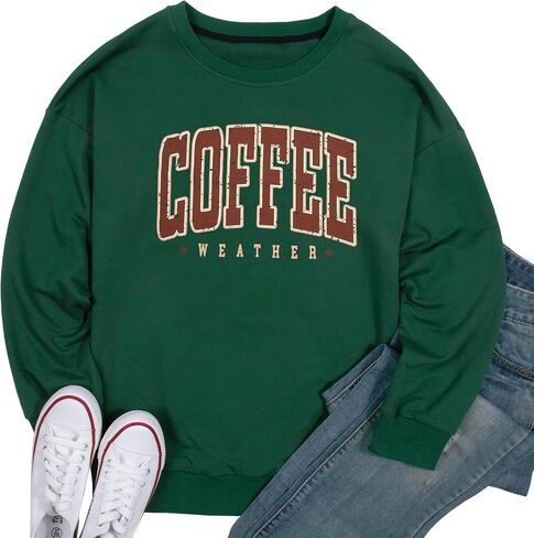 سويت شيرت LOTUCY Coffee للنساء، سويت شيرت برقبة دائرية للطقس والقهوة، قميص كاجوال للخريف والخريف بأكمام طويلة in Kuwait
